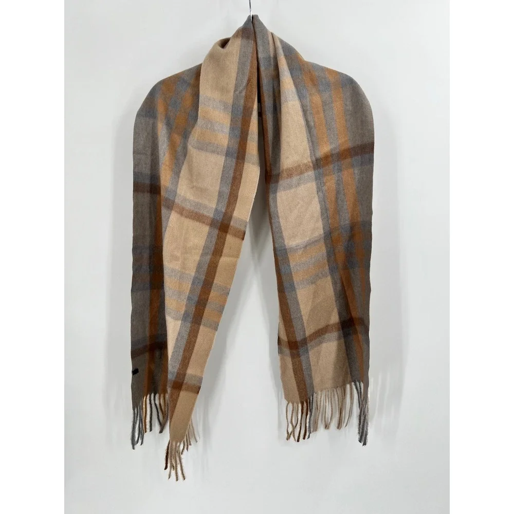 House of Tweed Scotland Plaid Scarf Tan Brown Grey Fringed Viscose Blend
